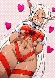 1girls abs animal_ears blush breasts bunny_ears damos_(child_flame) female female_only gloves hair handwear heart hips long_hair miruko muscular muscular_female my_hero_academia naked_ribbon red_eyes ribbon rumi_usagiyama smile solo solo_female thick_thighs thigh_strap thighs valentine's_day white_gloves white_hair wide_hips