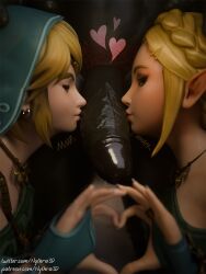 1girls 2boys 3d blender blonde_female blonde_hair collaborative_fellatio dark-skinned_male femboy ganondorf green_skin hand_on_head heart kissing_penis large_penis link looking_at_viewer nintendo nythra3d princess princess_zelda threesome twink