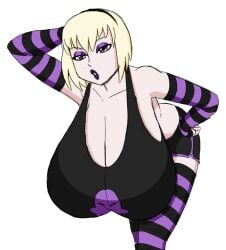 arm_gloves arm_on_hip arm_up armpit armsleeves bent_over blonde_hair cleavage clothed colored female goth goth_girl hanging_breasts homestuck human hyper_breasts leaning_forward makeup mindwipe planetofjunk rose_lalonde sagging_breasts shorts solo striped_legwear thighhighs