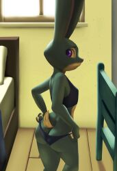 absurd_res anthro ass bed chair clothing disney female flat_chested furniture hi_res inside judy_hopps lagomorph leporid looking_at_viewer mammal nyx_whiskers panties rabbit solo standing tail underwear workout_clothing zootopia