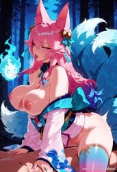 1boy ahri ai_generated animal_ear_fluff animal_ears balecxi bare_shoulders blue_eyes blue_hair blue_thighhighs cowgirl_position female forest fox_ears fox_girl fox_tail hair_bell hair_ornament japanese_clothes kimono large_breasts league_of_legends long_hair male multi_tail nipples open_mouth patreon_username penis pink_hair pink_nails sex spirit_blossom_ahri spirit_blossom_series straddling straight tail tails thighs tongue tongue_out vaginal_penetration