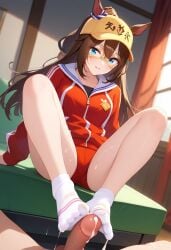 after_footjob ai_generated animal_ears blue_eyes brown_hair cum_in_sock cum_on_socks el_condor_pasa_(umamusume) female footjob horse_ears horse_girl horse_tail sockjob umamusume umamusume_pretty_derby