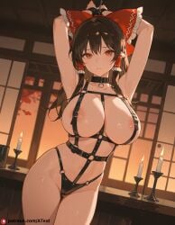 ai_generated beautfiul_background bondage bondage bondage_outfit chinese_style_loft collar dancing dim_candlelight fork hakurei_reimu harness huge_breasts stunning_backgroud tear