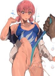 1girls absurd_res ao_no_hako big_breasts black_body blush chono_hina highres inverted_nipples mamimi_(artist) mamimi_(mamamimi) pink_hair pink_nipples pussy_juice pussy_lips saliva slim slim_waist small_waist squirting surprised swimsuit thick_thighs wet_pussy