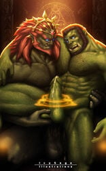 abs anal anal_sex arm_hair balls beard belly biceps big_penis blue_eyes body_hair bondage boner brown_hair chest_hair clenched_teeth crown cum cum_on_penis detailed_background dripping duo erection facial_hair fangs front_view ganondorf ganondorf_(hyrule_warriors) gay gem glowing glowing_eyes green_skin hair hairy hand_on_balls hand_on_leg hand_on_shoulder hand_on_thigh hi_res holding_object humanoid humanoid_penis hyrule_warriors icysage leg_hair long_hair male male_only muscular muscular_male nintendo nipples nude open_mouth orc orc_male pecs penetration penis precum red_hair relaxing sex sitting spread_legs spreading teeth the_legend_of_zelda thick_penis vein veiny_penis video_games yaoi