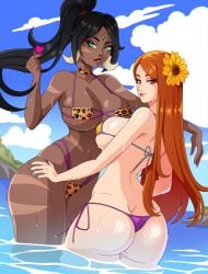 2female 2females 2girls 2women absurd_res absurd_resolution absurdres beach big_ass big_breasts big_butt bikini bikini_bottom bikini_top black_hair black_hair_female boob_focus breast_focus bust_focus chest_focus cougar dark-skinned_female dark_skin ear_piercing ear_piercings ear_ring ear_rings earing earrings eroticdoki forehead_gem forehead_jewel gem_on_forehead green_eyes green_eyes_female hi_res high_res high_resolution highres in_water jewel_on_forehead large_breasts league_of_legends leona_(league_of_legends) light-skinned_female light_skin long_hair long_hair_female looking_at_viewer looking_back looking_back_at_viewer loveheart nidalee orange_eyes orange_eyes_female orange_hair orange_hair_female ponytail ponytail_female riot_games shiny shiny_breasts shiny_butt shiny_elbows shiny_skin skimpy skimpy_bikini skimpy_costume skimpy_outfit skimpy_swimsuit skimpy_swimwear smile smile_at_viewer tribal_markings tribal_tattoo water water_drop water_drop_breasts water_droplets water_drops