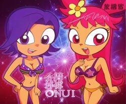 2025 2girls ai_assisted ai_generated ami_onuki background bikini cartoon_network fireworks flower flower_in_hair happy happy_female hi_hi_puffy_amiyumi japanese_text orange_bikini_bottom pink_eyes pink_hair png purple_bikini_top purple_eyes purple_hair warner_brothers yumi_yoshimura