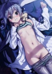 bed bed_sheet black_bow blue_eyes blush bow bow_panties breasts camisole_lift censored collarbone cowboy_shot female flat_chest from_above green_panties grey_legwear grin hair_between_eyes highres indoors jewelry kantai_collection kawakami_rokkaku kiyoshimo_(kantai_collection) lifted_by_self long_sleeves looking_at_viewer looking_up moonlight mosaic_censoring navel night nipples nude on_bed open_clothes open_shirt panties panty_pull pantyhose pantyhose_pull polka_dot polka_dot_panties pussy ring shirt silver_hair smile solo stomach teeth text translated underwear wedding_band