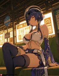 ai_generated beautfiul_background bus_stop candace_(genshin_impact) fear glowing_neon_lights huge_breasts seductive_sitting stunning_backgroud thighhighs