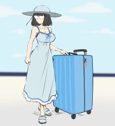 black_hair clothed_female container container_bondage eudetenis female glasses large_breasts luggage luggage_bondage pretzelfan reika_(pretzelfan) suitcase sun_hat sundress