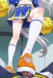 ai_generated animal_ears evil_smile feet feet_focus grey_hair horse_ears horse_girl horse_tail oguri_cap_(umamusume) penis shoes shoes_focus smile socks stepped_on stepping_on_penis umamusume umamusume_pretty_derby