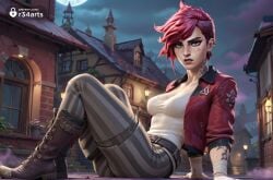 1girls ai_generated arcane arcane_vi arm_tattoo artist_name belt boots breasts building cleavage ear_piercing facial_tattoo hi_res jacket league_of_legends looking_at_viewer medium_breasts moon neck_tattoo netflix night open_clothes open_jacket outdoors pants piercing pink_hair r34arts red_hair red_jacket riot_games shirt short_hair sitting sky solo striped_clothes striped_pants tattoo undercut vertical-striped_pants vi vi_(league_of_legends) white_shirt