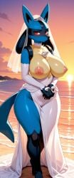 1girls ai_generated breasts_out curvy curvy_figure exhibitionism furry generation_4_pokemon glistening_body lucario nintendo pokemon pokemon_(species) red_eyes sirenia solo solo_focus topless wedding_dress