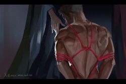 arcane arcane_jayce arcane_viktor bondage cloak jayce_talis league_of_legends male nude_male_clothed_male obedient_sub rope_bondage shibari tagme touching viktor_(league_of_legends)