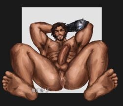 1boy armpits arms_behind_head asshole cole_cassidy ddonialt feet hairy hard_on legs_up looking_at_viewer male_only mechanical_arm overwatch overwatch_2 penis smile smiling solo