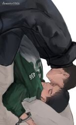 arms_tied_above_head bed bedroom black_clothing black_hair blush brown_hair closed_eyes handcuffs hwang_in-ho laying_on_back male/male pillow seong_gi-hun short_hair somnophilia squid_game straddling track_jacket wrist_cuffs wrists_tied yaoi