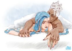 1boy 1girls arcane arcane_ekko arcane_jinx bed bed_sheet blue_hair cuddling dark-skinned_male dark_skin ekko female jinx_(league_of_legends) laying_on_bed laying_on_stomach league_of_legends light-skinned_female love male muscular muscular_male nickeronic on_bed petite petite_body sfw size_difference twintails valentine's_day white_hair wholesome