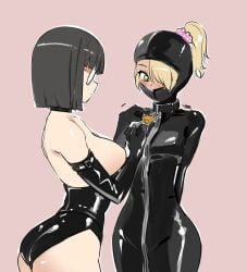 2girls black_gloves black_hair blonde_hair blush bodysuit bondage_gear bondage_hood breasts collar duo elbow_gloves eudetenis female femdom femsub glasses gloves green_eyes lezdom momoka_(pretzelfan) multiple_girls padlock padlocked_collar ponytail pretzelfan reika_(pretzelfan) scrunchie yuri