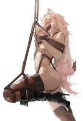 absurdres animal_ear_fluff animal_ears arknights bare_shoulders bondage bondage bondage boots bound breasts bright_pupils brown_eyes commentary english_commentary female gag gandy_(gan3e46) gravel_(arknights) hair_between_eyes high_heel_boots high_heels highres improvised_gag knee_boots long_hair looking_at_viewer mouse_ears mouse_girl navel nude pink_hair pussy_juice rope simple_background small_breasts solo tail tape tape_gag thighhighs torn_clothes torn_thighhighs white_background