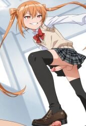 1boy 1femboy ai_generated androgynous crossdressing erect_penis erection evil_smile feet feet_focus femboy gay himegoto male male_only oda_mitsunga orange_eyes orange_hair otoko_no_ko otokonoko penis pov shoes shoes_focus smile socks standing stepped_on stepping_on_penis trap