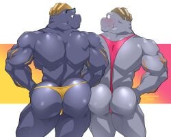 2boys ass bara big_ass big_ass_(male) buff machoke mankini pink_mankini pokemon pokemon_(species) sexy surprised surprised_expression swimsuit yellow_swimsuit