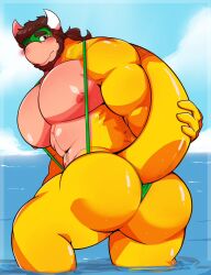 1boy anthro ass ass_focus bara beach buff green_mankini mankini sexy sky tail tail_grab water