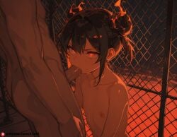 1boy ai_generated ass blowjob dark_shadows erection fellatio fence flat_chest nipples nude penis saliva tsundere twin_buns uncensored wild_nezha