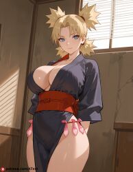 ai_generated beautfiul_background blonde_hair blue_eyes chinese_style_loft condom_belt empty_room half-exposed huge_breasts kind_smile quad_tails stunning_backgroud temari_(naruto)