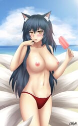 ahri animal_ears bikini black_hair blush breasts brown_eyes facial_mark female fox_ears fox_tail ice_cream league_of_legends licking long_hair looking_at_viewer multi_tail multiple_tails navel nipples ocean oslight outdoors smile solo tail tongue tongue_out topless whisker_markings