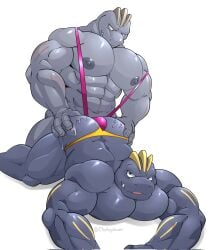 2boys bara buff machoke mankini pink_mankini pokemon pokemon_(species) sex_through_clothes sex_through_thong sexy swimsuit tongue tongue_out yellow_swimsuit