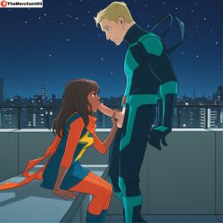 ai_generated american american_male artist_name blonde_hair blonde_hair_male blue_eyes_male brown_eyes brown_hair brown_skin brown_skinned_female building buildings discord_(marvel) holding_penis joshua_richardson kamala_khan light-skinned_male lights looking_at_partner's_penis marvel marvel_comics ms._marvel ms._marvel_(kamala_khan) muslim muslim_female night night_sky outside pakistani pakistani_female rooftop starry_sky stars sucking sucking_penis sucking_penis_tip superhero superheroine themerchant69 windows