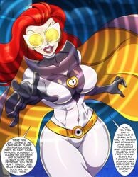 big_breasts breasts cape clothing dialogue disney earrings evil_grin fully_clothed goggles grin hourglass_figure hypnosis hypnotic_eyes lipstick mezmerella pixar red_hair skin_tight skin_tight_suit speech_bubble the_incredibles villainess wide_hips zorro-zero