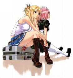 blonde_hair blue_skirt brown_boots brown_eyes edit fairy_tail knee_boots large_breasts long_hair loose_belt lucy_heartfilia luggage maid maid_headdress mary_janes mashima_hiro official_art one_side_up pantyshot pink_hair pleated_skirt puffy_sleeves short_sleeves sitting sleeveless suitcase thighhighs upscaled virgo_(fairy_tail) white_panties white_shirt