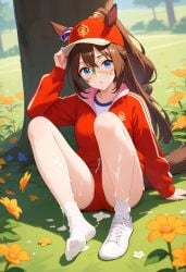 after_footjob ai_generated animal_ears blue_eyes brown_hair bukkake cum_in_sock cum_on_socks el_condor_pasa_(umamusume) female footjob horse_ears horse_girl horse_tail sockjob umamusume umamusume_pretty_derby