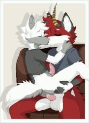 avaa_velvet canid canine canis clothed clothing cum cum_on_penis digital_media_(artwork) duo fox furniture intersex intersex/male kissing kissing_while_penetrated male mammal penis pixel_(artwork) pussy simple_background the_shen young younger_male