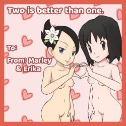 2girls black_eyes black_hair blue_eyes erika_(pokemon) flower_in_hair heart_hands looking_at_viewer marley_(pokemon) naked naked_female nude nude_female pokemon pokemon_dppt pokemon_frlg saucemon7 self_upload text valentine's_day