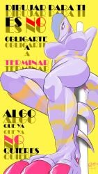 1girls anthro anthrofied breasts chameleon chameleon_humanoid chameleon_tail coiled_tail legs no_hair pole purple_skin red_eyes red_nails scalie scalie_female scalie_humanoid solo underboob viewed_from_below