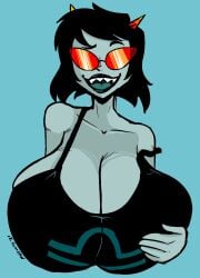 breast_grab cleavage clothed glasses homestuck horns hyper hyper_breasts mindwipe planetofjunk sharp_teeth tank_top terezi_pyrope