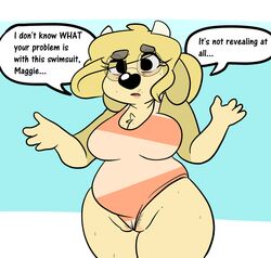 2016 anthro black_nose blonde_hair blue_background bovine cattle chest_tuft clothing confusion dialogue english_text eyewear female freckles fur glasses hair hi_res horn mammal one-piece_swimsuit pubes pussy pussy_floss simple_background solo speech_bubble sprocket_(artist) sweat swimsuit tan_fur text tuft white_background