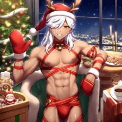 1boy abs ai_generated bell_collar bulge christmas christmas_outfit christmas_tree cyno_(genshin_impact) dark_nipples genshin_impact gift_wrapped hair_over_one_eye male male_focus male_only muscular_male pecs reindeer_antlers santa_hat shirtless shirtless_male solo_male toned toned_body toned_male toned_stomach white_hair winter wrapped yaoi