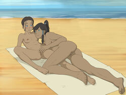 2girls anaxus areolae avatar_legends avatar_the_last_airbender barefoot beach blush breasts calf_muscles dark-skinned_female dark_skin double_chocolate feet female female_only innie_pussy katara korra lying medium_breasts multiple_girls muscular_thighs nipples nude on_back on_side pussy small_breasts spread_legs the_avatar the_legend_of_korra toes water_tribe yuri