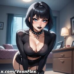 ai_generated bangs bed bedroom black_bra black_hair black_lips black_shirt black_skirt black_thighhighs blue_eyes blunt_bangs blush bra bracelet breasts cleavage collar collarbone crop_top curtains female garter_straps goth goth_girl gothic hi_res high_resolution indoors jewelry lace lace-trimmed_bra lace_trim lamp large_breasts leaning_forward lily_(vexnflex) lips lipstick long_sleeves looking_at_viewer makeup miniskirt navel night parted_lips pillow shirt short_hair skirt smile solo spiked_collar spikes sweat thigh_gap thighhighs thighs underwear vexnflex watermark web_address window