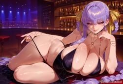 ai_generated balecxi bar_(place) bb_(fate) bb_dubai_(fate) black_panties braid braided_hair_rings cleavage dress fate/extra_ccc fate/grand_order fate_(series) female hair_rings huge_breasts long_hair looking_at_viewer lying on_side panty_pull purple_eyes purple_hair seductive_smile solo thick_thighs underwear