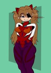 arms_behind_back aroused asuka_langley_sohryu blue_eyes blushing_female cameltoe clothed eyepatch female goober42 neon_genesis_evangelion nipples_visible_through_clothing plugsuit ponytail smiling text thick_ass thick_thighs