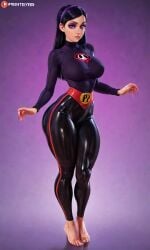 1girls ai_generated barefoot black_hair disney disney_channel eyebrows eyelashes eyeliner eyeshadow hi_res large_ass large_breasts looking_at_viewer petite_female pixar purple_eyes skin_tight solo solo_female solo_focus standing the_incredibles the_incredibles_2 thick_thighs violet_parr waifufamily