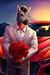 ai_generated andyy0012 bouquet male smoking solo_male sports_car zebra