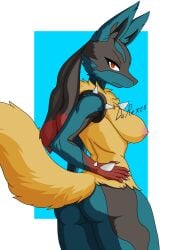 absurd_res anthro ass breasts canid canine darexer female female_only fur furry furry_only generation_4_pokemon generation_6_pokemon hand_on_hip hi_res looking_at_viewer lucario mammal mega_evolution mega_lucario nintendo nipples pokemon pokemon_(species) red_eyes simple_background solo spikes tail