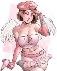 1girls blue_eyes brown_hair capcom cupid_costume dangerousbride feathered_wings female female_only hat heart_cutout jill_valentine looking_at_viewer resident_evil solo valentine's_day very_high_resolution wholesome wings wink winking_at_viewer