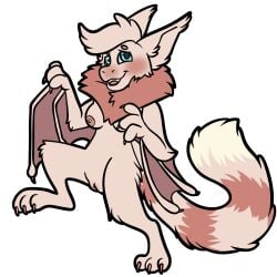 3_fingers anthro bat belfry_(tamberlane) blue_eyes blush breasts chest_tuft claws ears_back female fingers fluffy fluffy_chest fluffy_tail fur genitals head_tuft humanoid hybrid mammal pink_body pink_fur pivoted_ears pussy sebnanigins_(artist) solo tail tamberlane_(comic) tan_body tan_fur tuft winged_arms wings