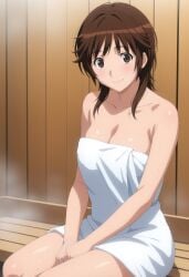 amagami bakadere bare_shoulders bathing blush breasts brown_eyes brown_hair clavicle cleavage female large_breasts looking_at_viewer medium_breasts naked_towel onsen sakurai_rihoko sauna short_hair sitting smile solo steam student teen teen_girl teenage teenage_girl teenager towel wet white_towel